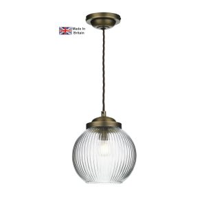 Henley antique brass 1 light ceiling pendant with ribbed glass shade main mimage