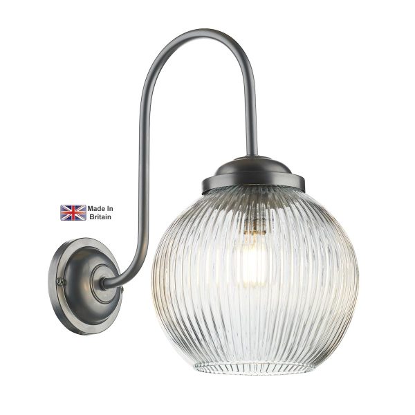 Henley satin chrome finish 1 lamp classic wall light with ribbed glass shade main image