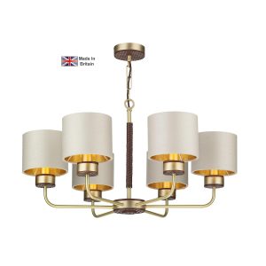 Hunter solid butter brass 6 light chandelier with bespoke shades main image