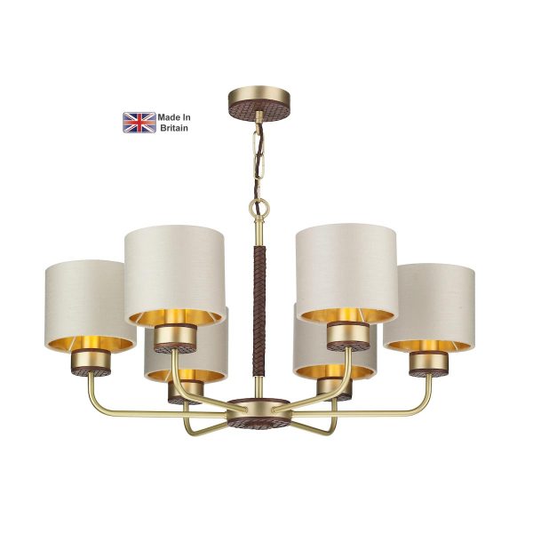 Hunter solid butter brass 6 light chandelier with bespoke shades main image