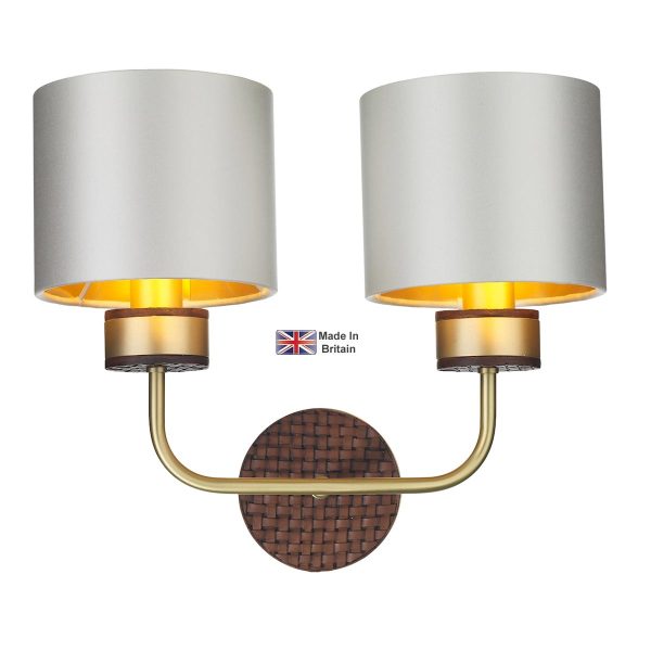 Hunter solid butter brass twin wall light with bespoke shades and faux leather main image