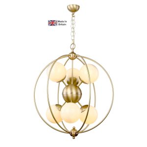 Liberty 6 light solid butter brass globe chandelier with opal glass shades lit