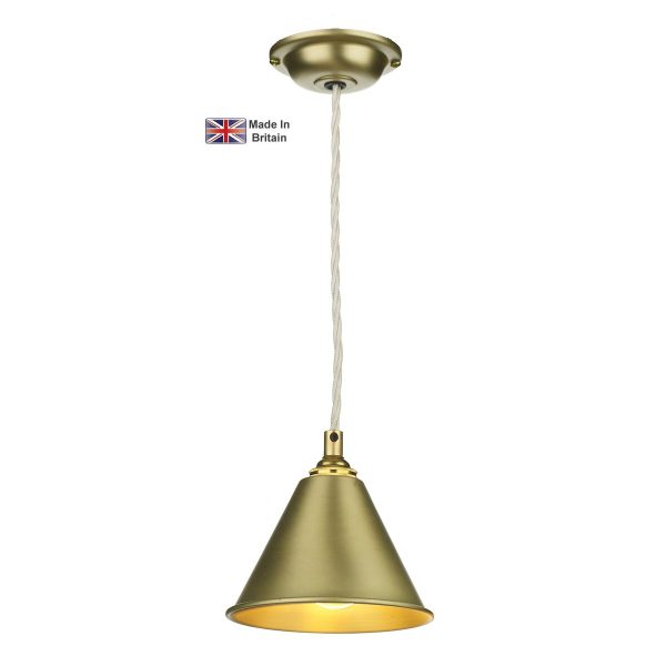 London small single pendant ceiling light in solid butter brass on white background lit