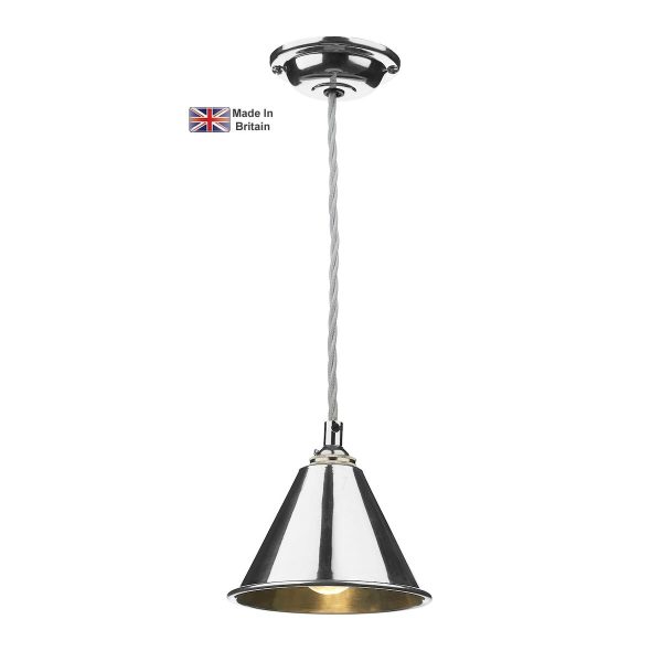 London small solid brass 1 light ceiling pendant in polished chrome on white background lit