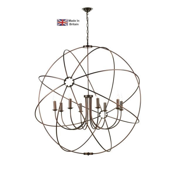 Orb solid brass large 8 light 120cm ceiling pendant in antique copper