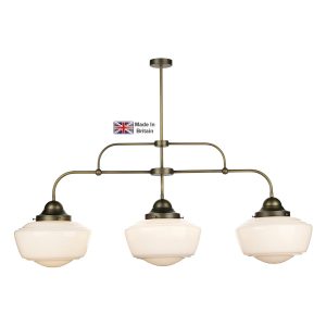 Stowe solid brass 3 light ceiling pendant bar with opal glass shades