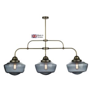 Stowe solid brass 3 light ceiling pendant bar with smoked glass shades