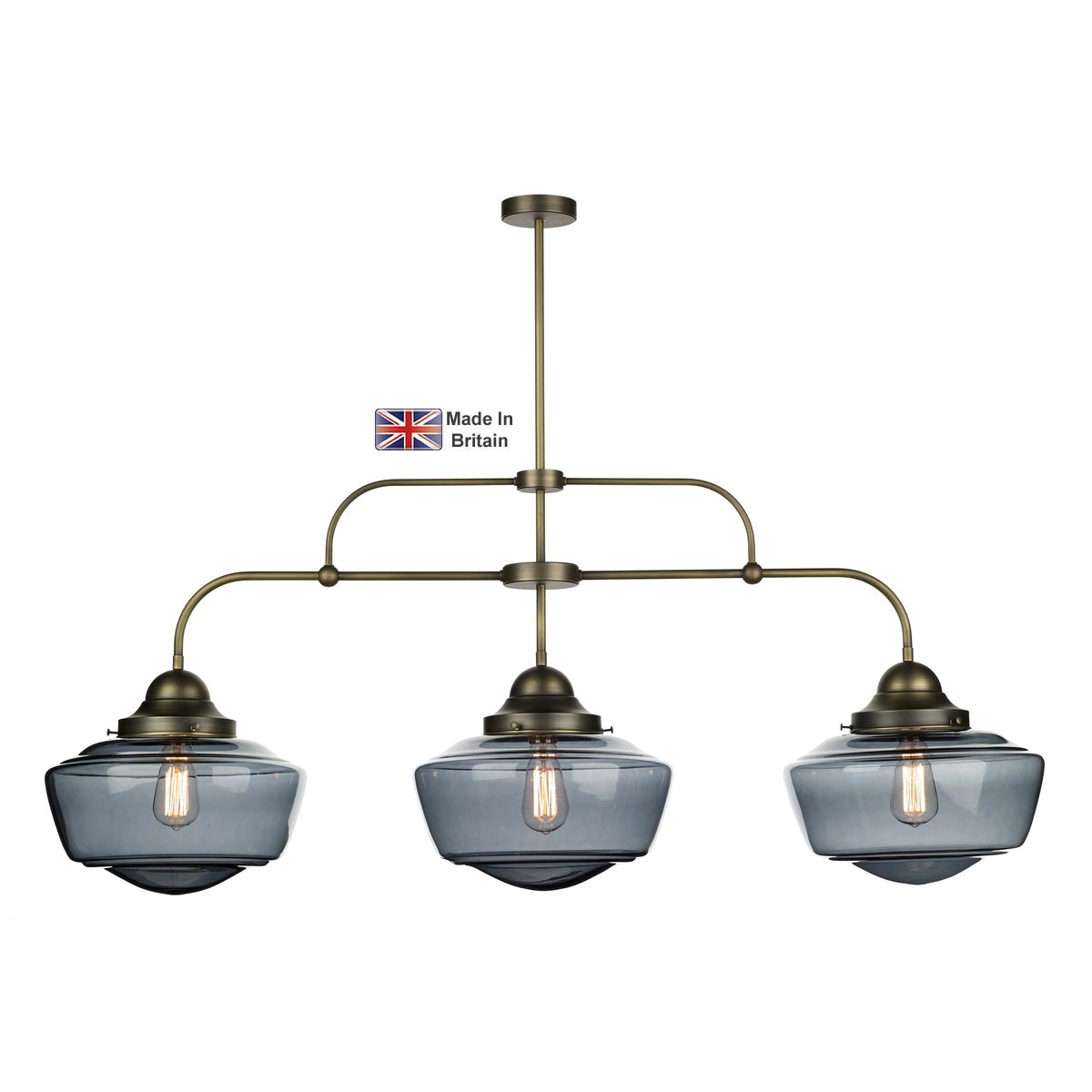 David Hunt Stowe Solid Brass 3 Light Pendant Bar Smoked Glass Shades