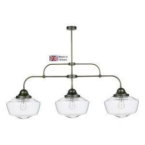 Stowe solid brass 3 light ceiling pendant bar with clear glass shades