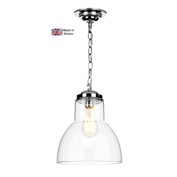 Upton chrome 1 light small pendant with clear glass shade on white background lit main image
