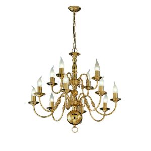 Franklite PE79112 Delft 12 light 2-tier chandelier in polished solid brass on white background.