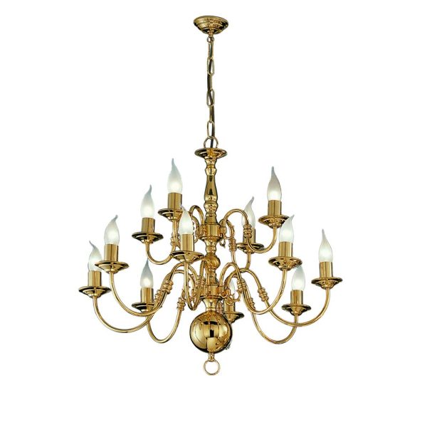 Franklite PE79112 Delft 12 light 2-tier chandelier in polished solid brass on white background.