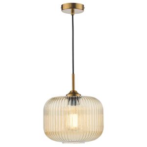 Demarius 1 light pendant with smoked ribbed glass shade in natural brass on white background lit