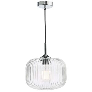 Demarius 1 light pendant with clear ribbed glass shade in chrome on white background lit