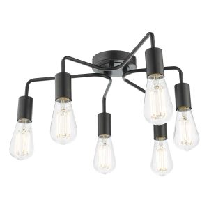 Dena 6 light semi flush low ceiling light in matt black, shown with pear bulbs on white background lit