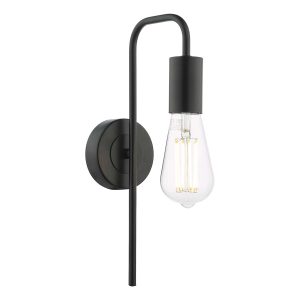 Dena single wall light in matt black, shown with pear bulb on white background lit