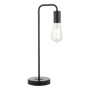 Dena single light table lamp in matt black, shown on white background with pear bulb lit