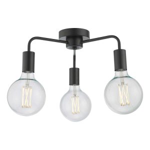 Dena 3 light semi flush low ceiling light in matt black, shown with clear globe bulbs on white background lit