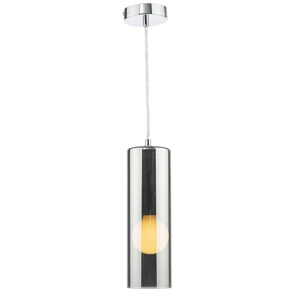 Diaz single smoked glass pendant light in polished chrome on white background lit