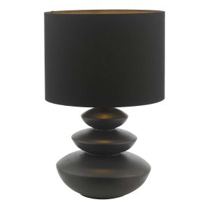 Discus ceramic table lamp in flat black with cotton mix shade, on white background lit