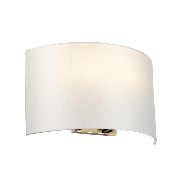 Cooper 2 light large curved wall light with ivory shade and polished chrome wall plate on white background, lit.