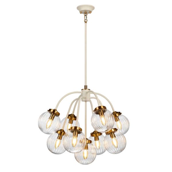 Elstead Cosmos 9 light pendant in cream and aged brass, shown full height on white background, lit.