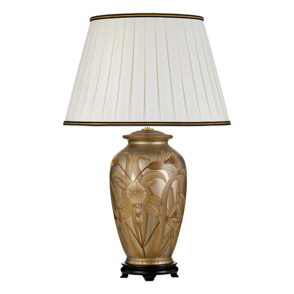 Dian silver and gold floral ceramic table lamp with ivory shade, main image on white background.