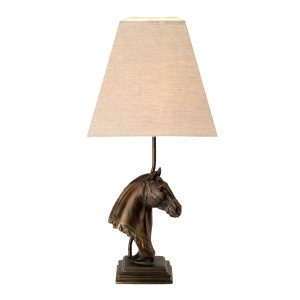 Eclipse 1 light bronze finish horse bust table lamp on white background, lit.