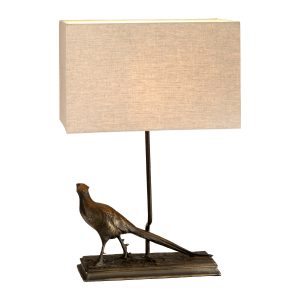 Halkirk bronze finish pheasant table lamp on white background, lit.