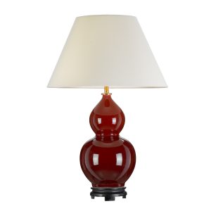 Harbin gourd shaped oxblood ceramic table lamp with off-white empire shade, main image on white background.