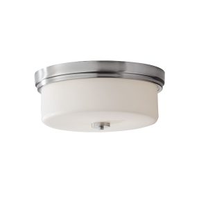 Feiss Kincaid 3 light flush polished chrome bathroom ceiling light with opal glass shade on white background.