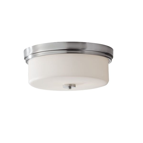 Feiss Kincaid 3 light flush polished chrome bathroom ceiling light with opal glass shade on white background.