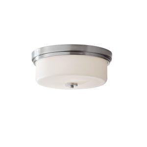 Feiss Kincaid flush polished chrome bathroom ceiling light with opal glass shade on white background.