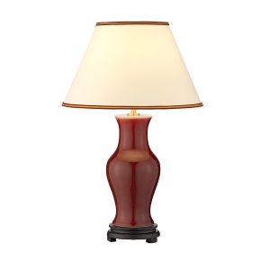 Majin small oxblood ceramic vase table lamp with empire shade, main image on white background.