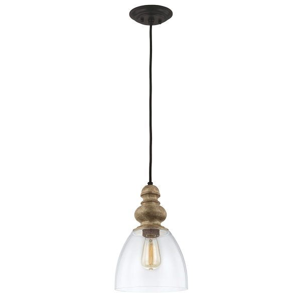 Matrimonio 1 light glass pendant in driftwood and weathered zinc, full height on white background.