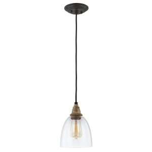 Matrimonio glass mini pendant light in driftwood and weathered zinc, full height on white background.