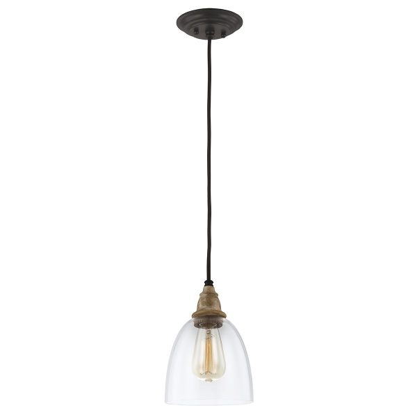 Matrimonio glass mini pendant light in driftwood and weathered zinc, full height on white background.