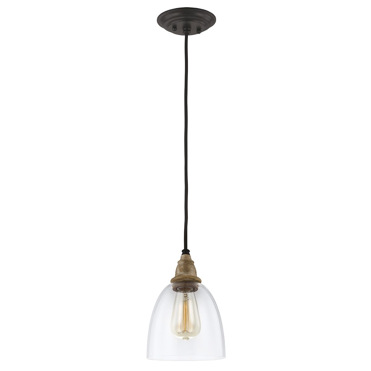 Matrimonio glass mini pendant light in driftwood and weathered zinc, full height on white background.