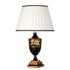 Narbonne classic wooden urn table lamp in black and gold, main image on white background.