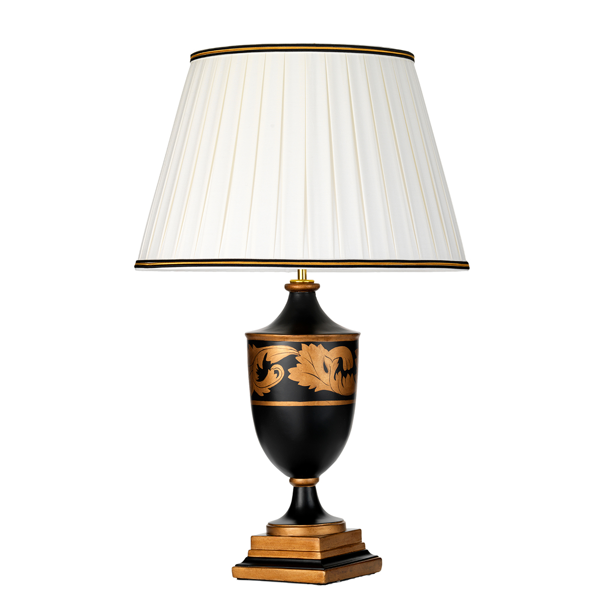 Narbonne classic wooden urn table lamp in black and gold, main image on white background.
