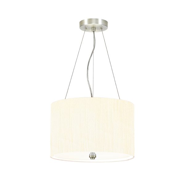 Elstead Pearce 14″ 3 light ivory drum pendant with chrome metalwork on white background.