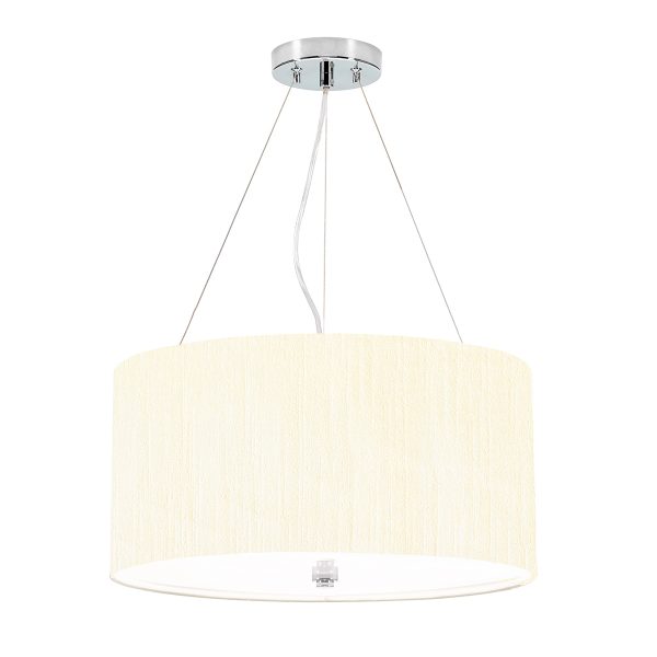Elstead Pearce 18″ 3 light ivory drum pendant with chrome metalwork on white background.