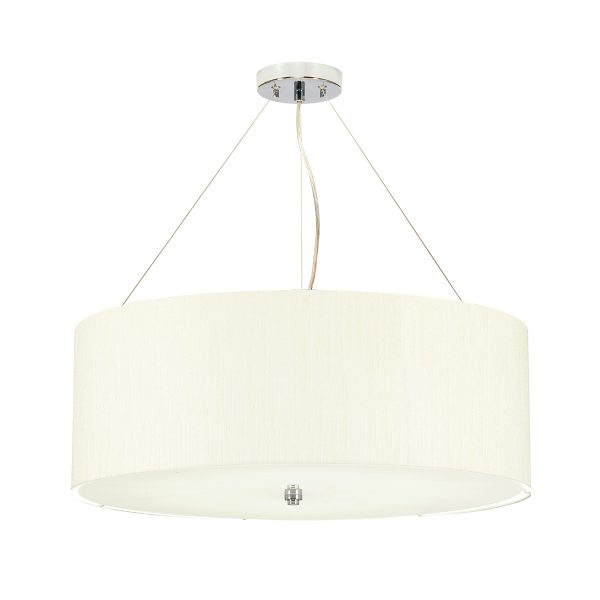 Elstead Pearce 22″ 5 light ivory drum pendant with chrome metalwork on white background.