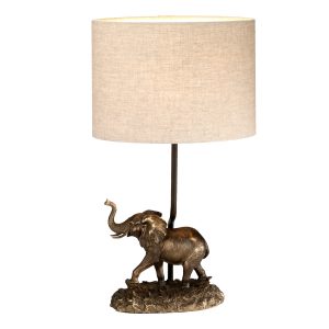 Sabi small 1 light bronze elephant table lamp with oval shade on white background, lit.