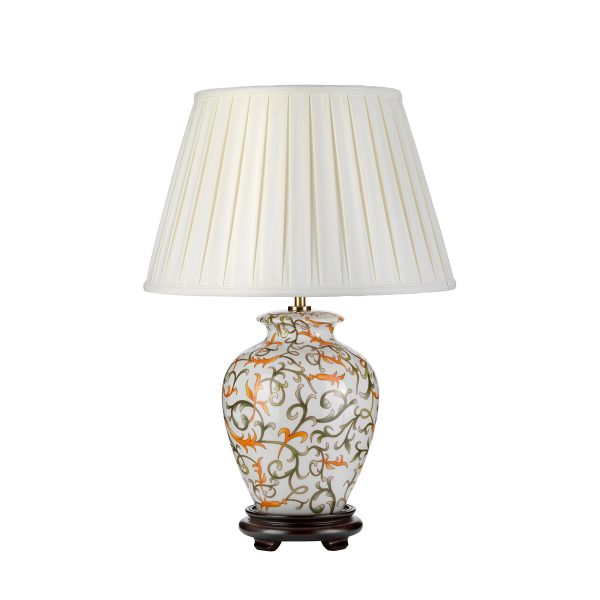 Soling ceramic table lamp in cream with orange and green leaves, main image on white background.