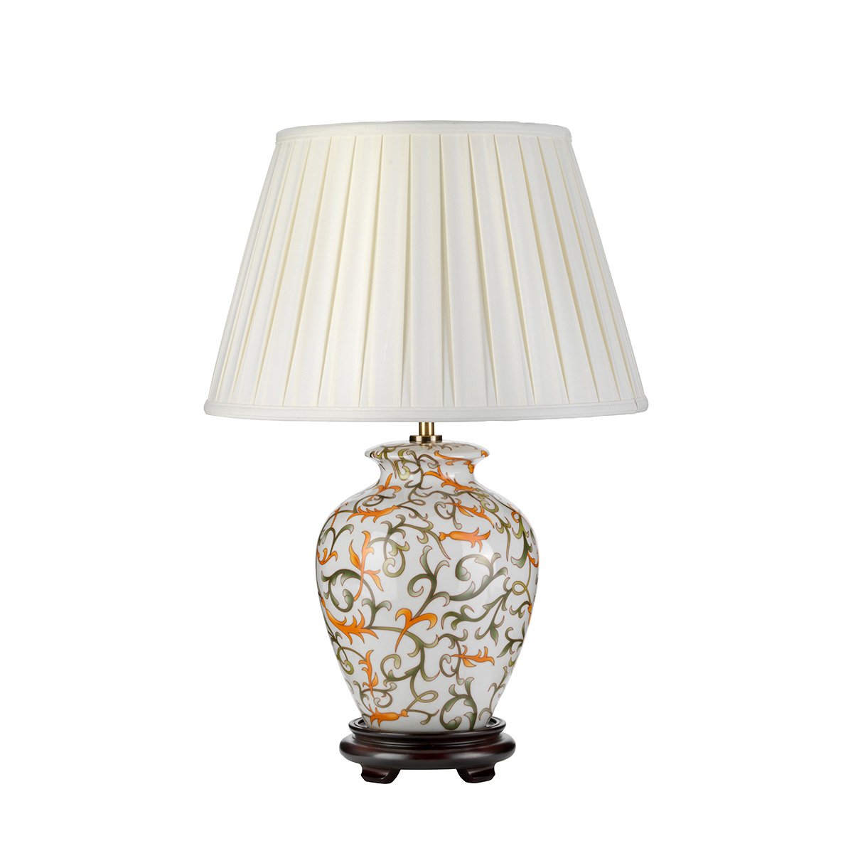 Soling ceramic table lamp in cream with orange and green leaves, main image on white background.