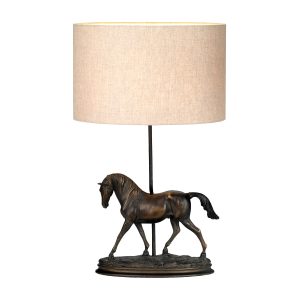 Spirit 1 light bronze horse table lamp with oval shade on white background, lit.