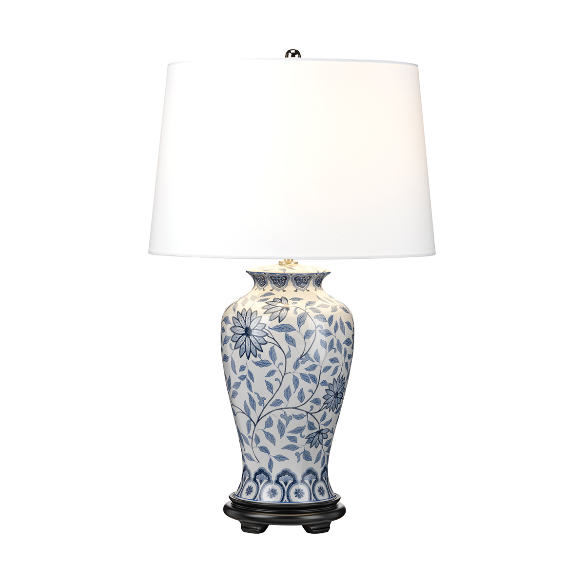Elstead Ying blue and white ceramic table lamp with white shade on white background.