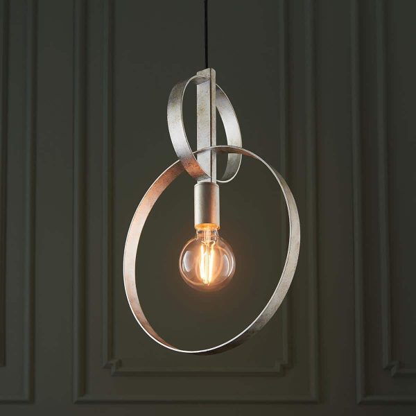 Double hoop single light ceiling pendant in silver leaf on olive background