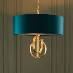 Double hoop 3 light pendant in gold leaf with 60cm teal shade main image